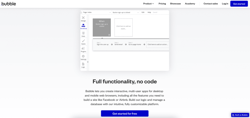 Bubble platform with description of "full functionality, no code"