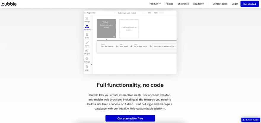Bubble Bubble platform with description of "full functionality, no code"