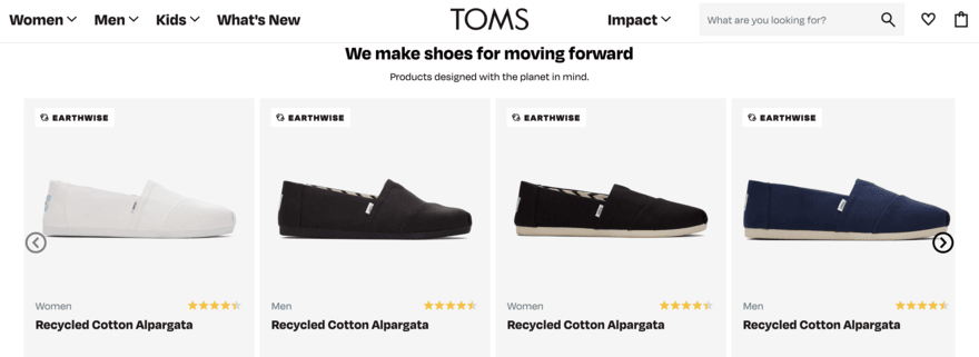 TOMS Selection of four TOMS products featuring its Earthwise stamp to indicate they're made from sustainable materials