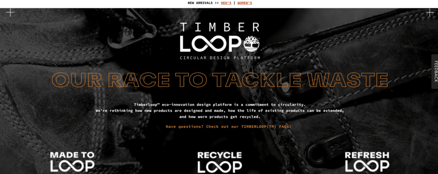 TimberLoop Timberloop homepage featuring information on its recycling scheme for Timberland products