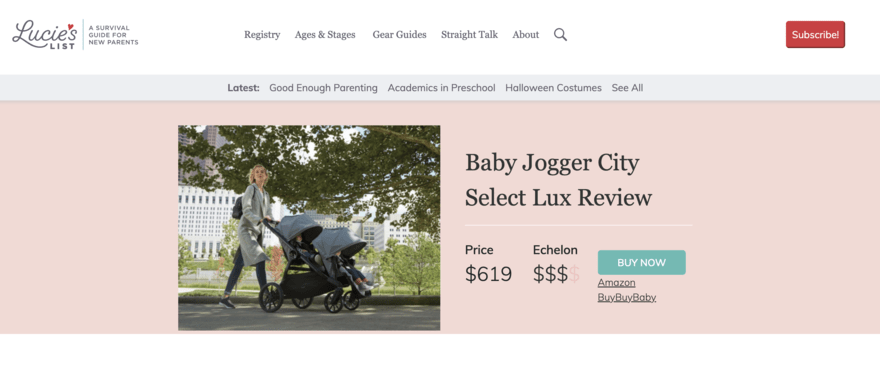 Baby Jogger Baby Jogger affiliate product featured on an influencer's website
