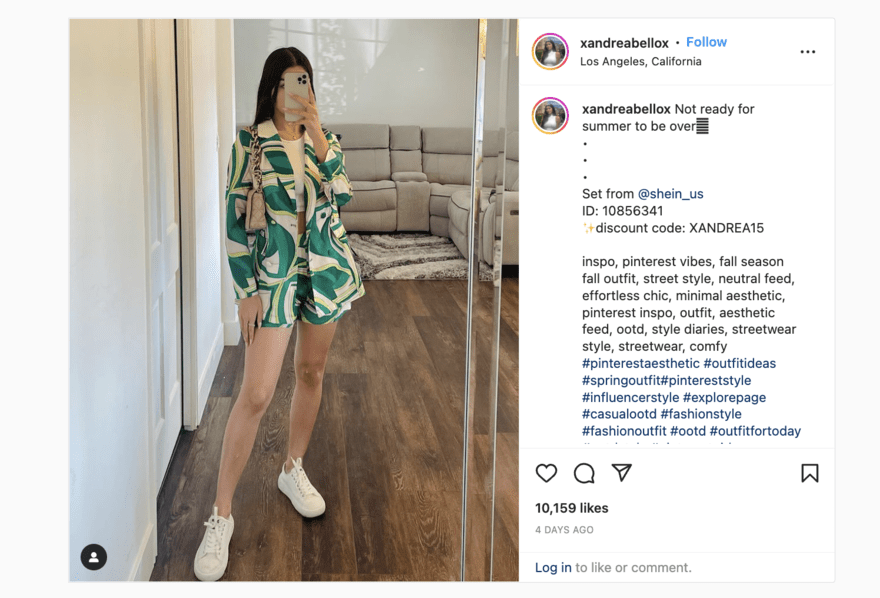Fashion brand Shein Instagram post from a fashion influencer to share a discount code for the fashion brand Shein