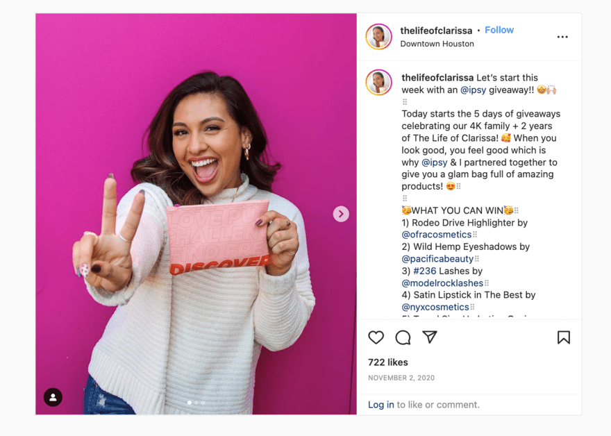 Makeup subscription service Ipsy Instagram post from makeup subscription service Ipsy, detailing its latest brand giveaway