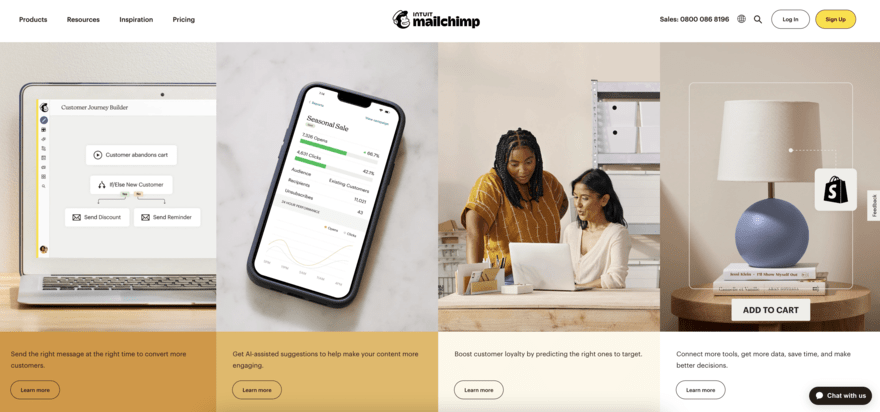 Mailchimp Mailchimp homepage inviting readers to learn more about its various features