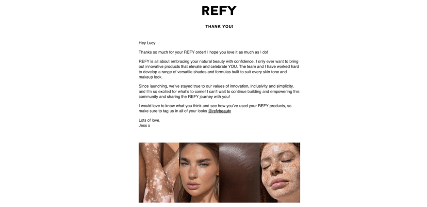 Beauty brand REFY Beauty brand REFY's thank you for your order email