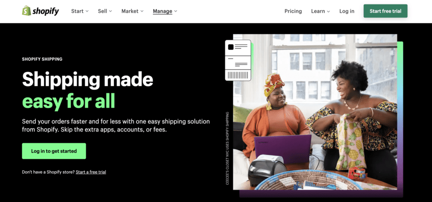 Shopify shipping Shopify page for shipping with image of two women laughing