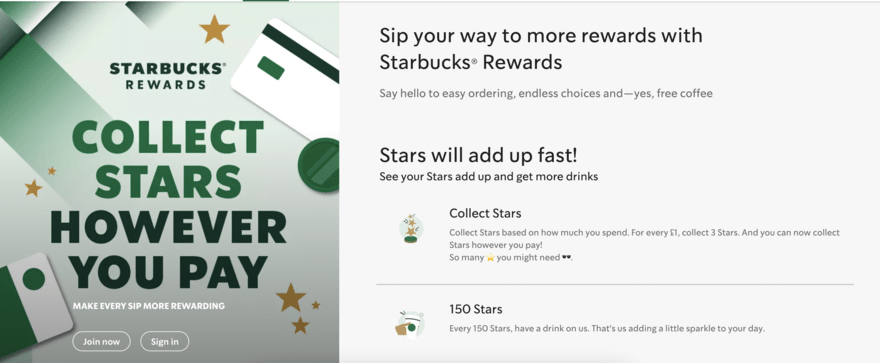 Starbucks Rewards A description about how Starbucks Rewards works, featuring a large image with "Collect stars however you pay" in green text