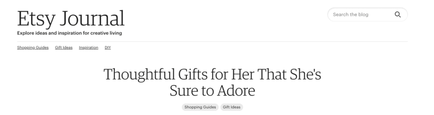 The Etsy blog The Etsy Journal with a headline on thoughtful gifts for her