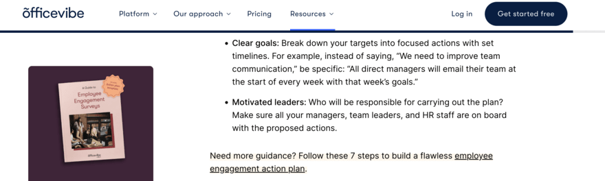 Officevibe Officevibe informational page with a link to an employee engagement action plan