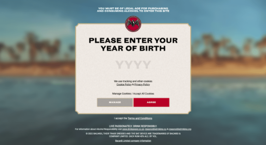 splash page bacardi example Bacardi pop up with "please enter your year of birth"