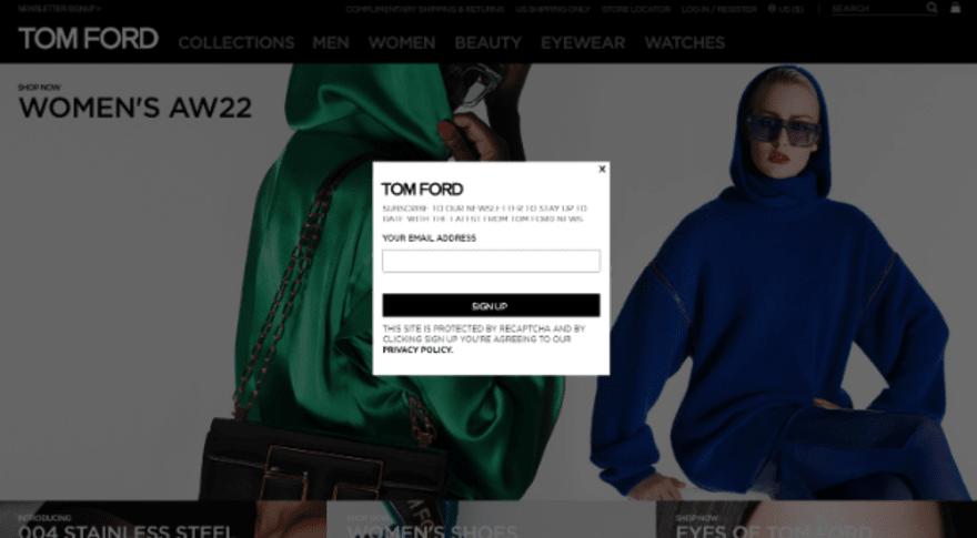 splash page tom ford example Tom Ford womens page with an email sign-up
