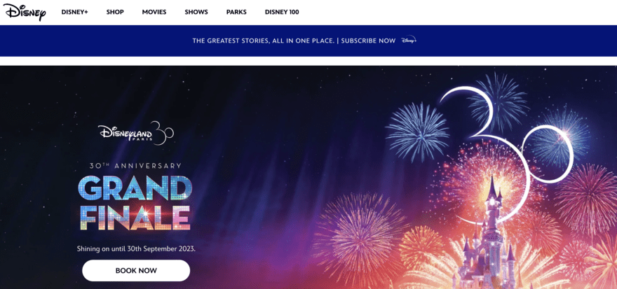 Disney Disney homepage showing Disney castle surrounded by fireworks