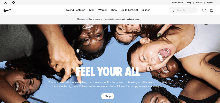 Nike homepage image circle of people looking down into the camera