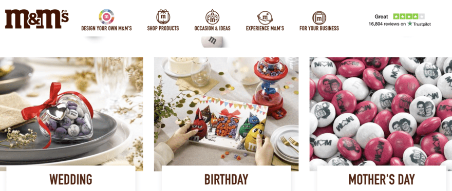 M&M’s event categories: Wedding, Birthday, Mother's Day