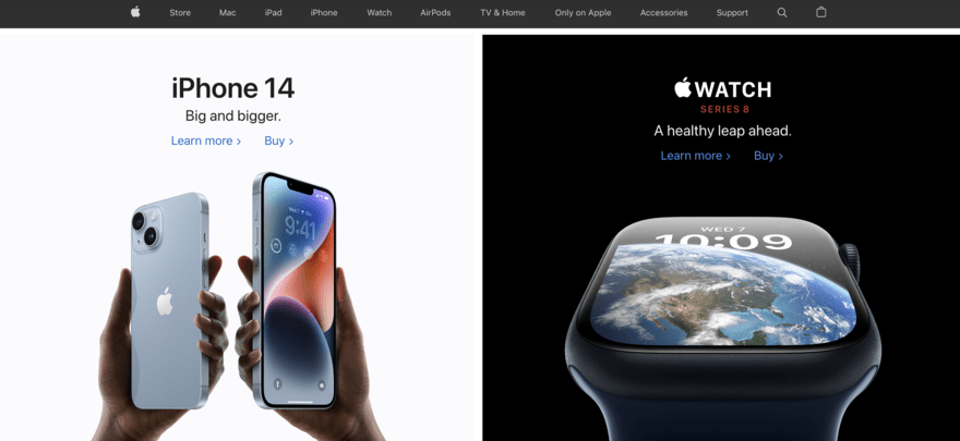 Apple split-screen showing two products next to each other