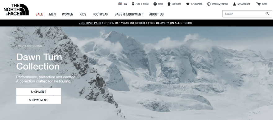 The North Face homepage background image of snowy mountains
