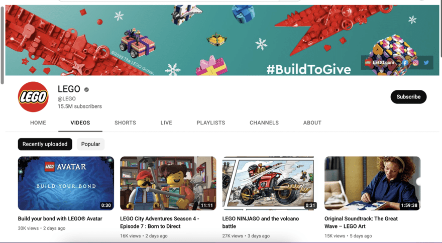 LEGO's YouTube channel featuring its logo and branded header