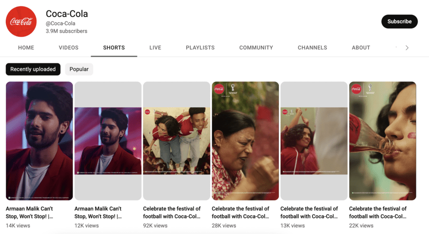 Coca-Cola Coca-Cola's YouTube Shorts library showing six video previews