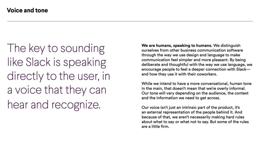 Slack's text heavy page of voice and tone brand guidelines
