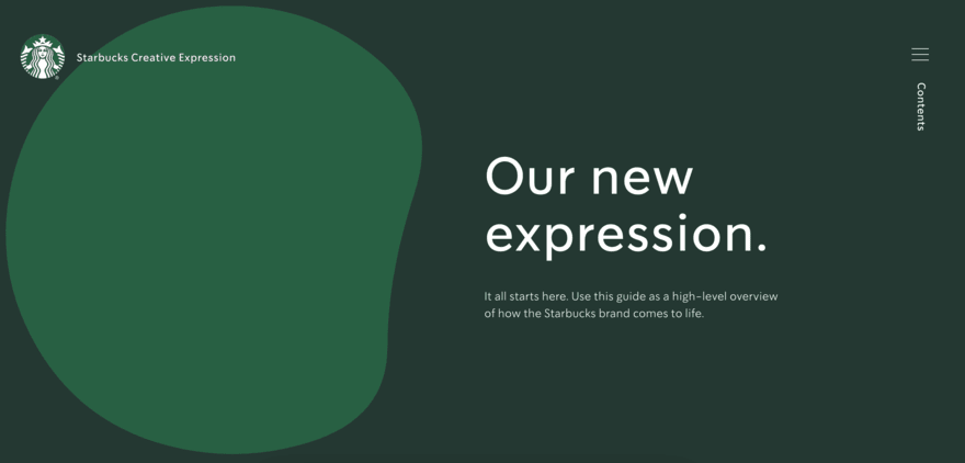 Starbucks page that says "our new expression" on a dark green background
