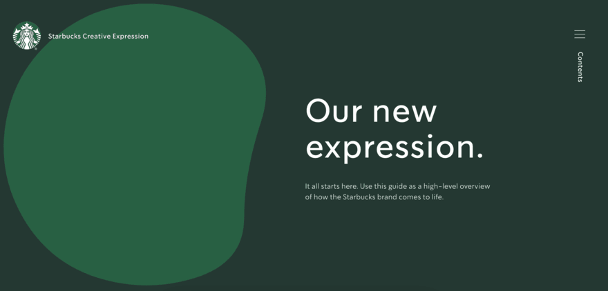 Starbucks Starbucks page that says "our new expression" on a dark green background