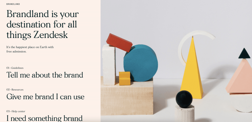 Zendesk Zendesk's brand guidance with image of 3D block shapes on a table in various colors