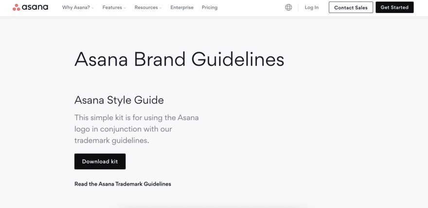 Asana brand guidelines page with a downloadable kit black button