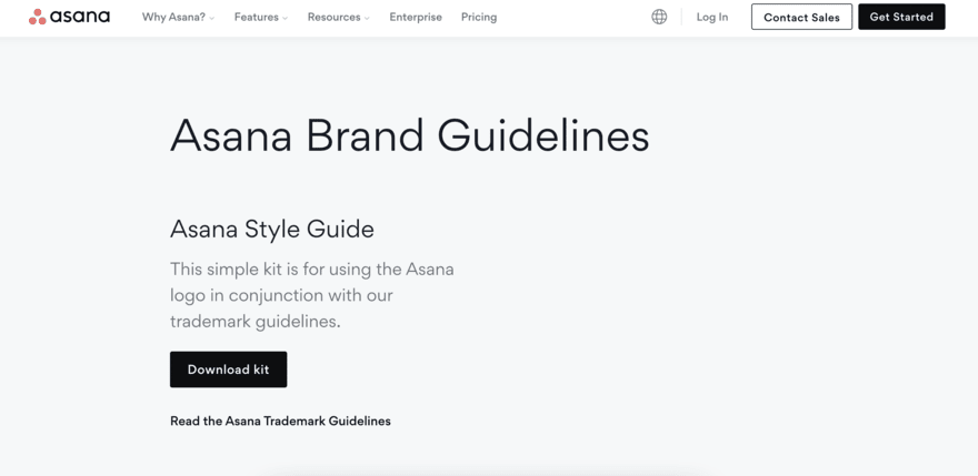 Asana Asana brand guidelines page with a downloadable kit black button