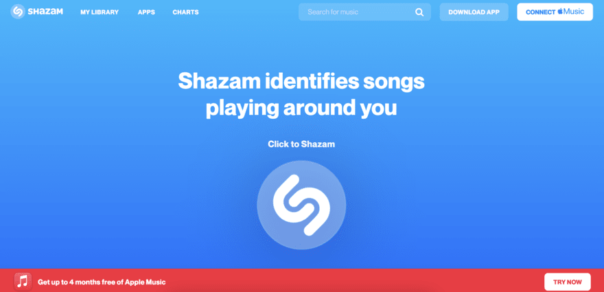 Blue Shazam webpage with an explainer of what Shazam does