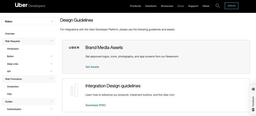 Uber's design guidelines page with brand media assets