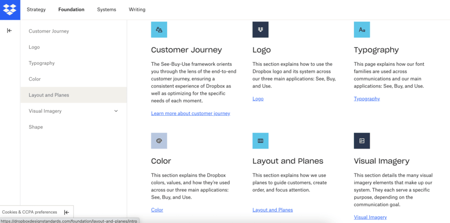 Dropbox brand page featuring logo, typography, and color