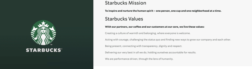 Starbucks logo on left in green, mission statement on right