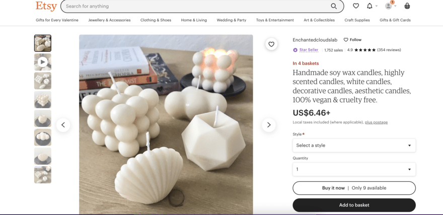 Etsy shaped candles product page with product image, price, and description