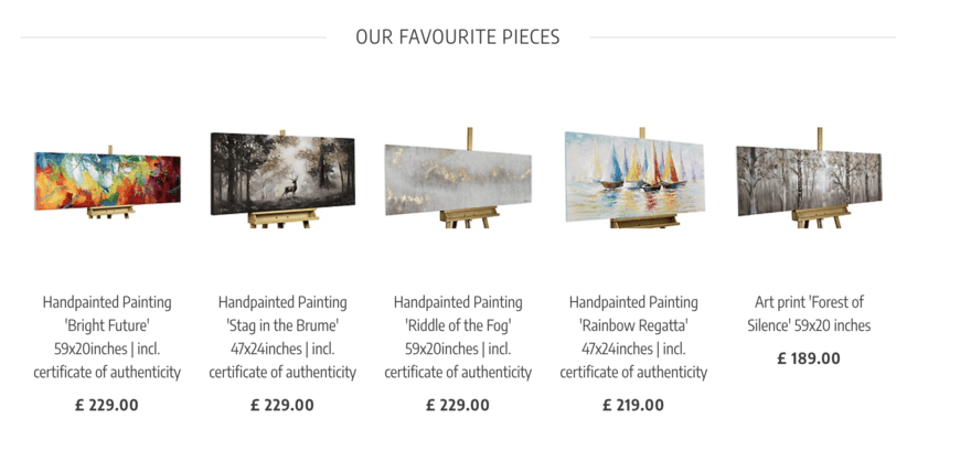 Five paintings in a product gallery on Kunstloft