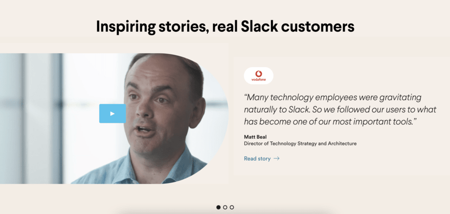 Slack testimonial page with text and video