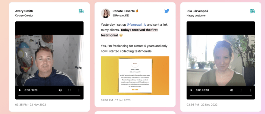 Famewall social media previews of three tweets