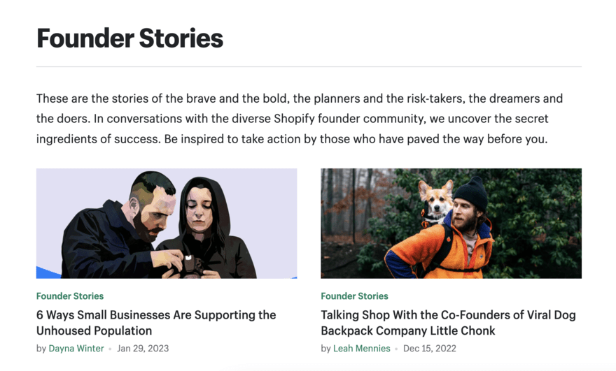 Shopify founder stories text and article links