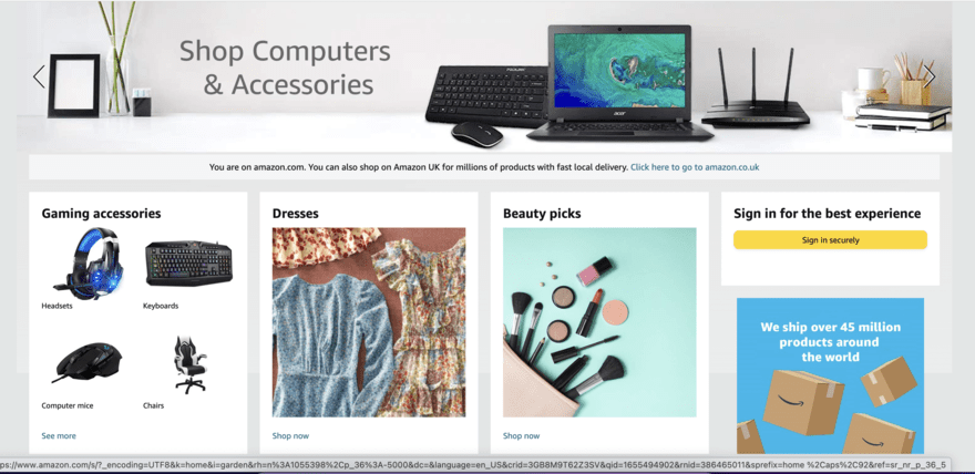 Amazon homepage featuring products for sale