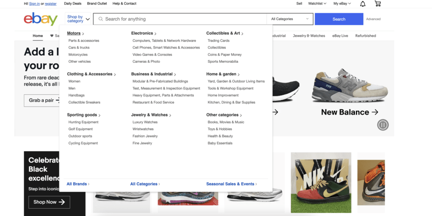 eBay eBay's homepage featuring a dropdown of categories to browse when shopping