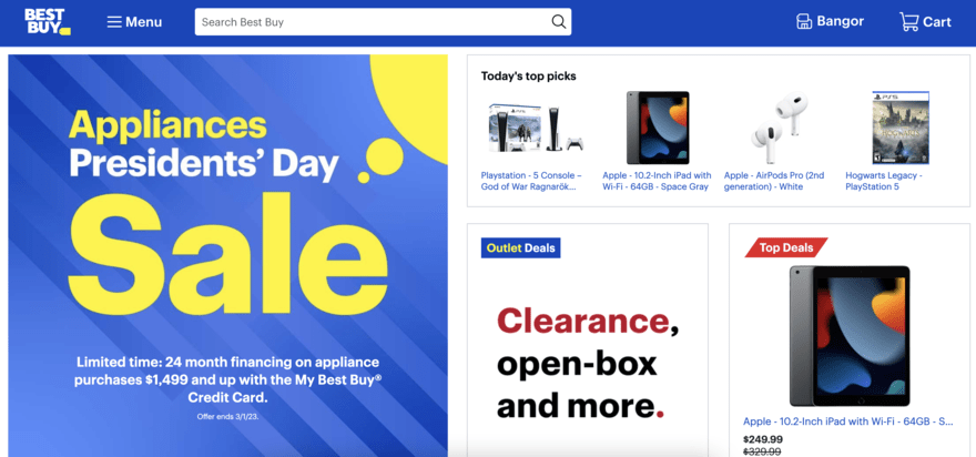 Best Buy's homepage featuring products for sale and a large ad for a President Day's sale