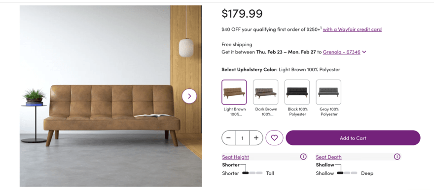 Product page for a Wayfair sofa, featuring its price, style choices and the option to purchase