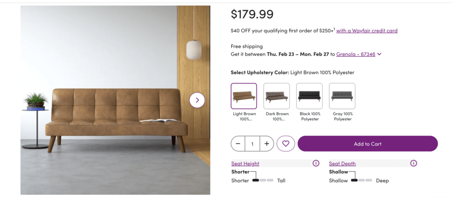 Wayfair Product page for a Wayfair sofa, featuring its price, style choices and the option to purchase