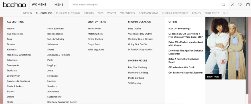 Boohoo's website categories, specifically highlighting all of the sub-categories under women's clothing