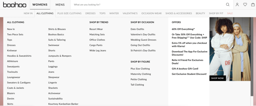 Boohoo Boohoo's website categories, specifically highlighting all of the sub-categories under women's clothing