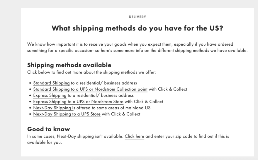 An ASOS FAQ detailing the shipping methods available in the US