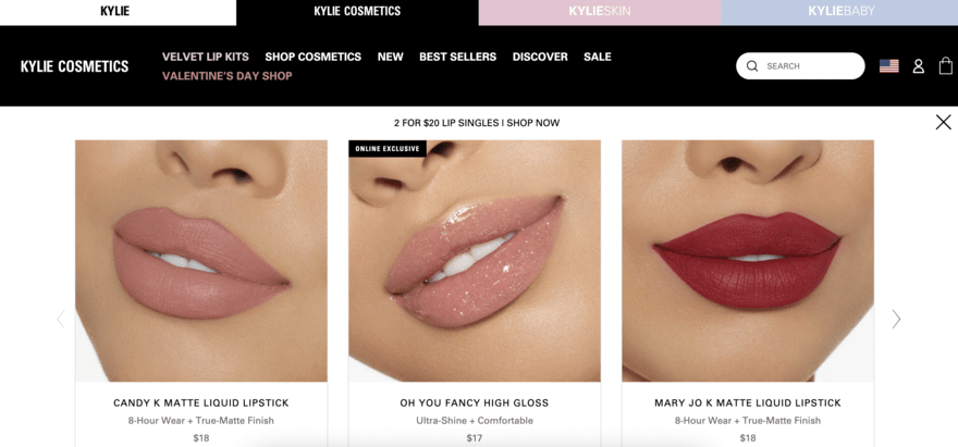 3 images of lip models highlighting 3 Kylie Cosmetics lip products