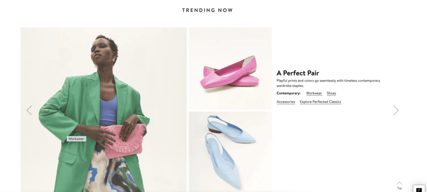 Trending now section on Nordstrom's website, featuring 3 product images - 1 of a woman holding a small pink bag, and the other two feature different styles of shoes
