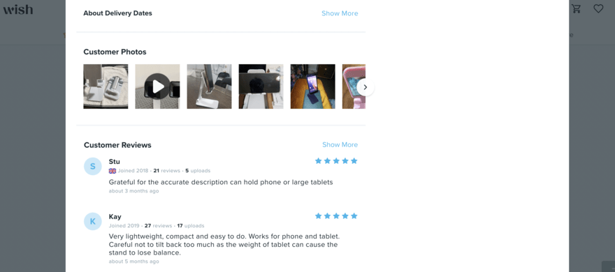 Customer reviews under a product page on Wish, featuring customer photos and star ratings
