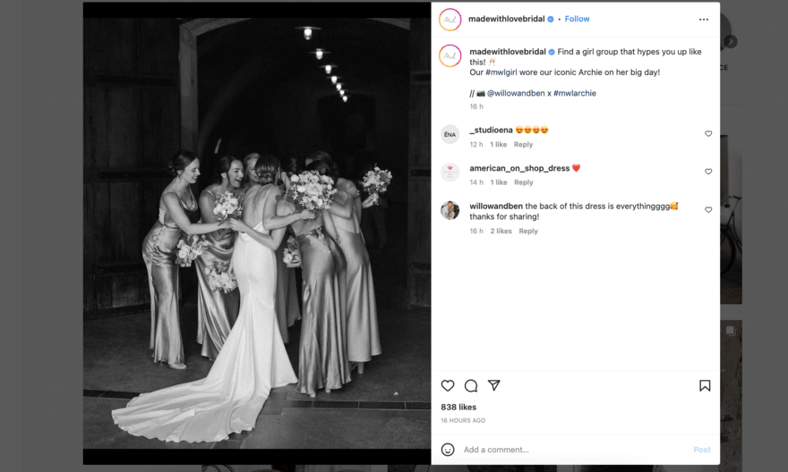 Instagram post by Made With Love Bridal featuring an image of a bride with her bridesmaids
