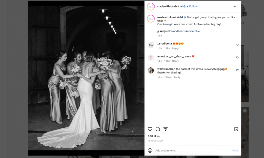 Made With Love Bridal social media Instagram post by Made With Love Bridal featuring an image of a bride with her bridesmaids